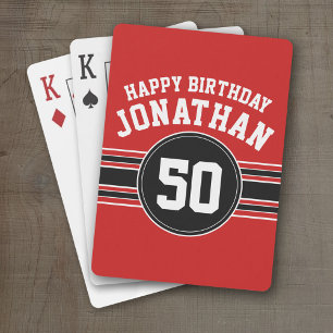 Happy Birthday Sports Stripes with Age - Red Black Poker Cards