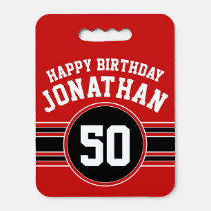 Happy Birthday Sports Stripes with Age Red Black Seat Cushion