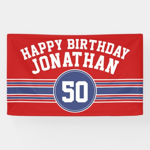 Happy Birthday Sports Stripes with Age _ Red Blue Banner