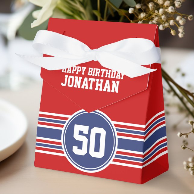 Happy Birthday Sports Stripes with Age - Red Blue Favor Boxes (Personalized gift box for birthday party favors)
