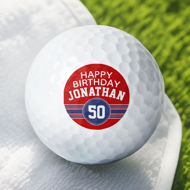 Happy Birthday Sports Stripes with Age - Red Blue Golf Balls (Add Your Name to this Personalized Golf Ball)