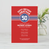 Happy Birthday Sports Stripes with Age - Red Blue Invitation (Standing Front)