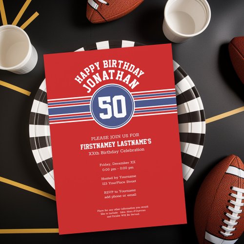 Happy Birthday Sports Stripes with Age _ Red Blue Invitation