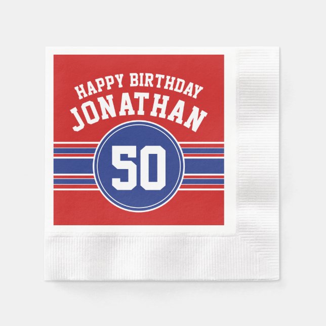 Happy Birthday Sports Stripes with Age - Red Blue Napkins (Front)