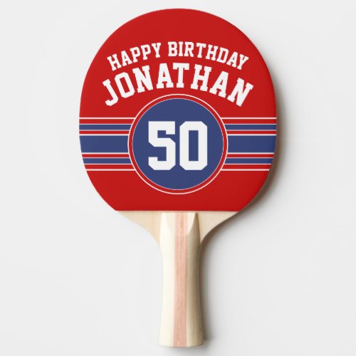 Happy Birthday Sports Stripes with Age Red Blue Ping Pong Paddle