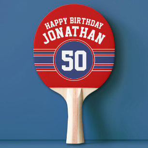 Happy Birthday Sports Stripes with Age Red Blue Ping Pong Paddle