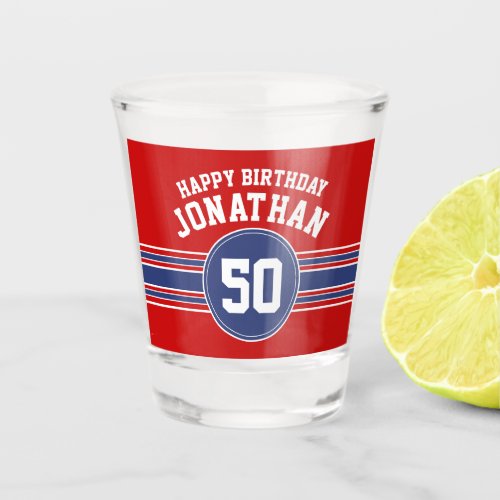 Happy Birthday Sports Stripes with Age _ Red Blue Shot Glass