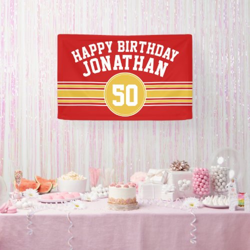 Happy Birthday Sports Stripes with Age _ Red Gold Banner