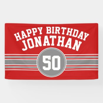 Happy Birthday Sports Stripes With Age Red Silver Banner by MyRazzleDazzle at Zazzle