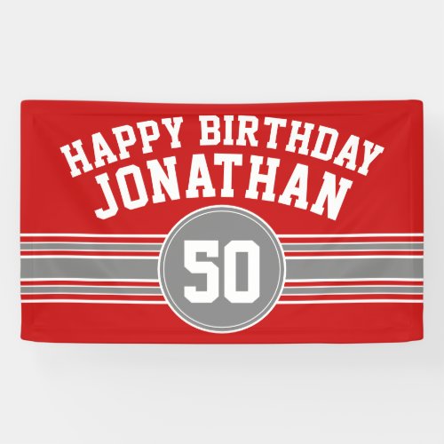Happy Birthday Sports Stripes with Age Red Silver Banner