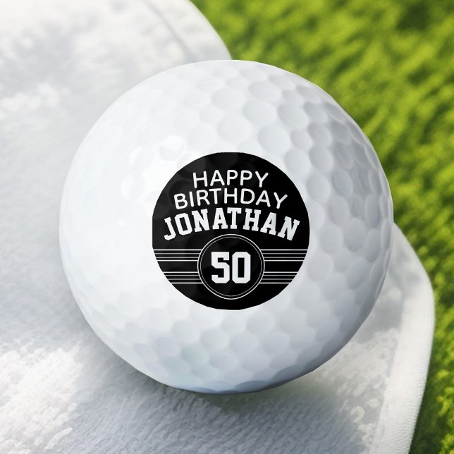 Happy Birthday Sports Stripes with Age White Black Golf Balls (Add Your Name to this Personalized Golf Ball)