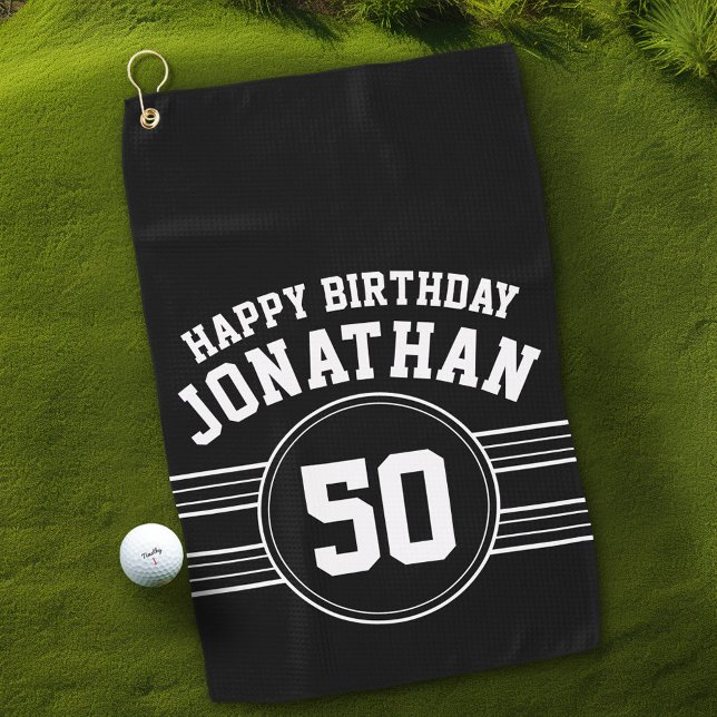Happy Birthday Sports Stripes with Age White Black Golf Towel (Personalized Golf Towel)