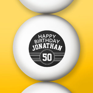 Happy Birthday Sports Stripes with Age White Black Ping Pong Ball