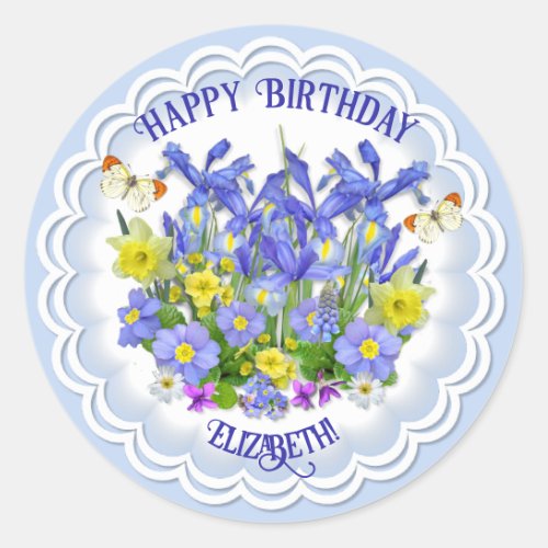 Happy Birthday Spring Flowers and Butterflies  Cla Classic Round Sticker