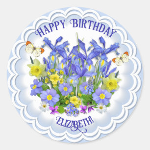Happy Birthday Spring Flowers and Butterflies  Cla Classic Round Sticker