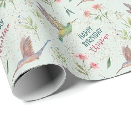 Happy Birthday Spring Flowers and Hummingbirds Wrapping Paper