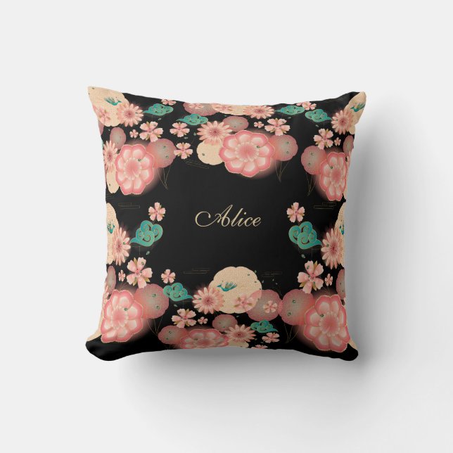 Happy Birthday Spring Peach Flower Garden Monogram Throw Pillow (Front)