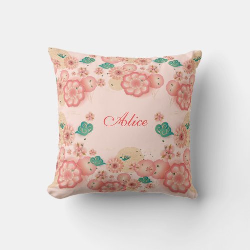 Happy Birthday Spring Peach Flower Garden Monogram Throw Pillow