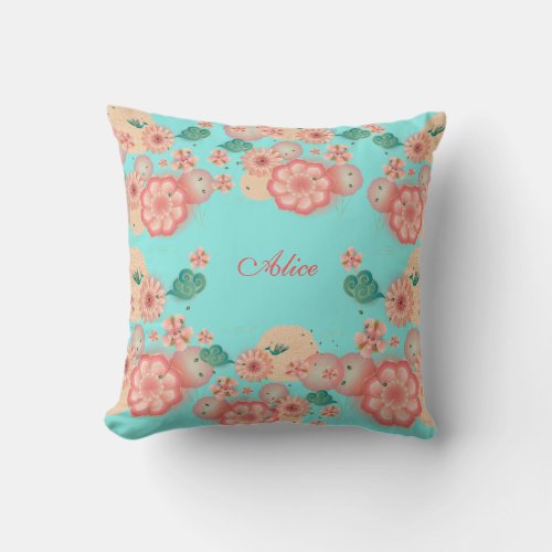 Happy Birthday Spring Peach Flower Garden Monogram Throw Pillow