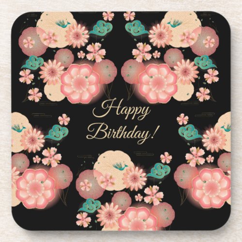 Happy Birthday _ Spring Peach Flowers Garden Beverage Coaster