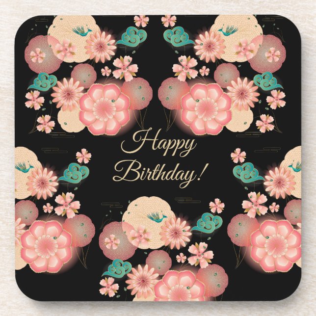 Happy Birthday - Spring Peach Flowers Garden Beverage Coaster (Front)