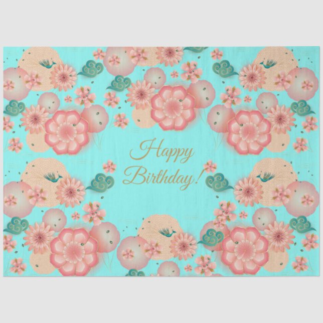 Happy Birthday - Spring Peach Flowers Garden Boho Tissue Paper (Front)