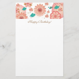 Happy Birthday - Spring Peach Flowers Garden Decor Stationery