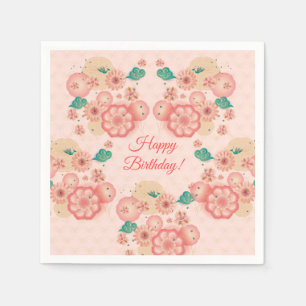 Happy Birthday - Spring Peach Flowers Garden Napkins