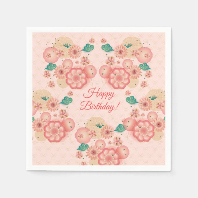 Happy Birthday - Spring Peach Flowers Garden Napkins (Front)