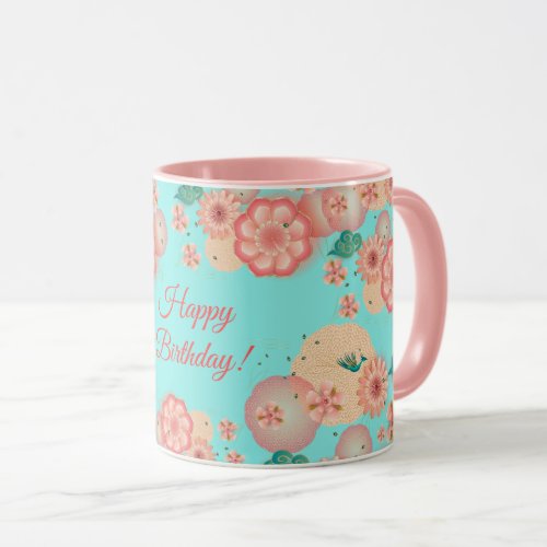 Happy Birthday Spring Peach Flowers Garden Pattern Mug