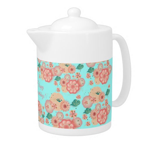 Happy Birthday _ Spring Peach Flowers Garden Teapot