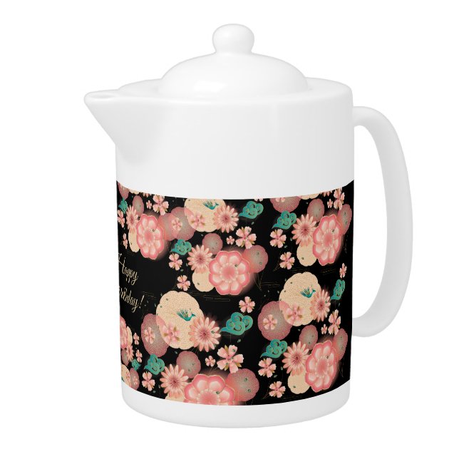 Happy Birthday - Spring Peach Flowers Garden Teapot (Right)
