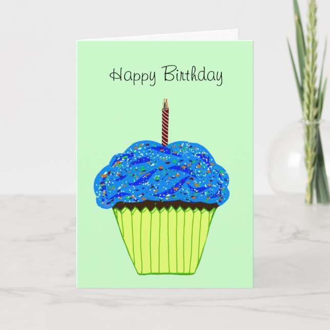 Happy Birthday Sprinkled Blue Cupcake Card (Front)