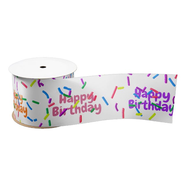 Happy Birthday Sprinkles On White Satin Ribbon (Spool)