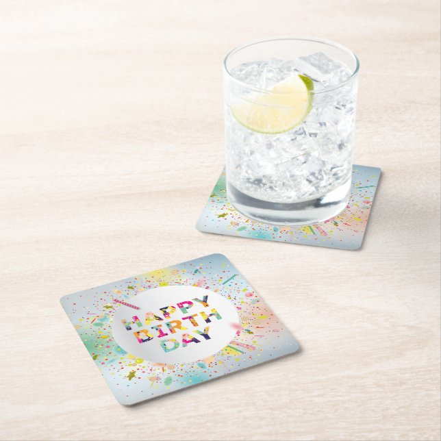 Happy Birthday Square Paper Coaster (Insitu)