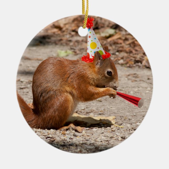 Happy Birthday Squirrel Ceramic Ornament (Front)