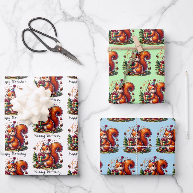 Happy Birthday Squirrel Cute Cartoon Wrapping Paper Sheets (Front)