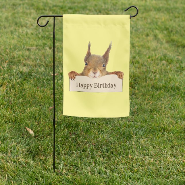 Happy Birthday Squirrel Holding Custom Sign Flag (In SItu)