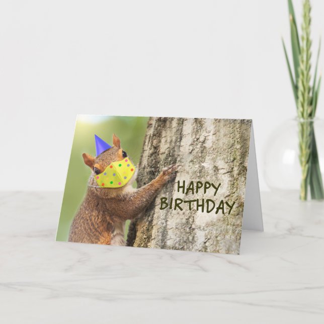 Happy Birthday Squirrel in Coronavirus Face Mask Holiday Card (Front)