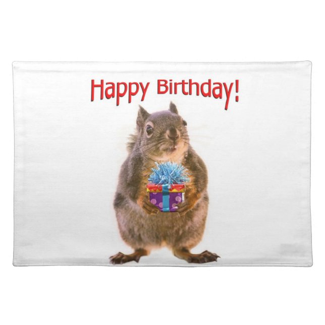 Happy Birthday Squirrel with Present Cloth Placemat (Front)