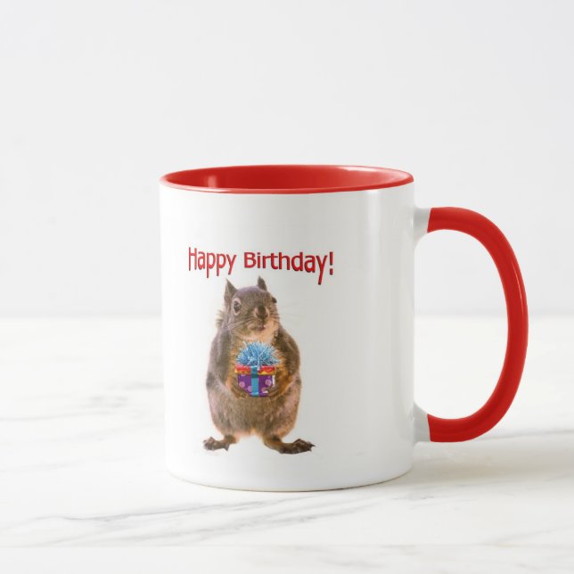 Happy Birthday Squirrel with Present Mug (Right)