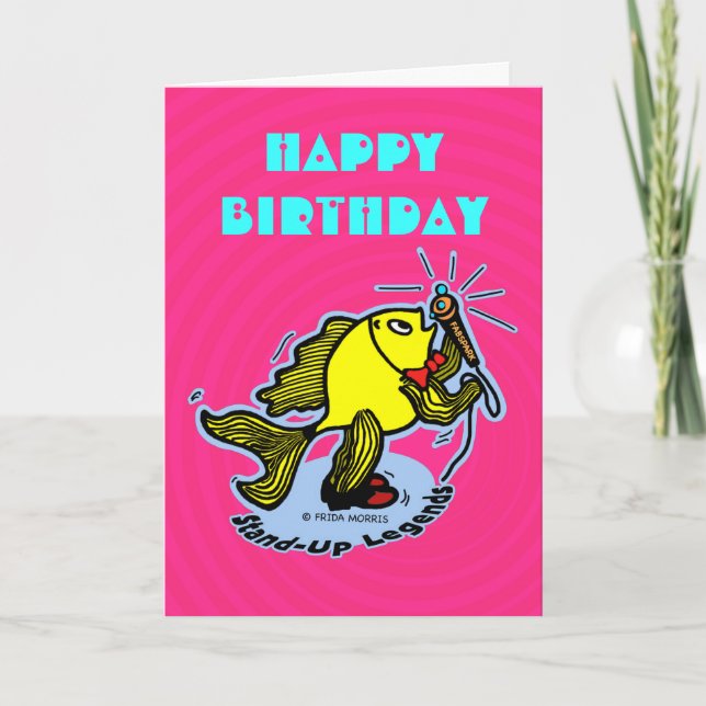Happy Birthday Stand-Up Fish funny Pink Card (Front)