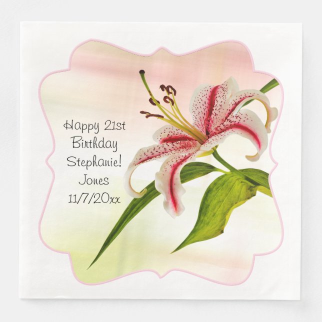 Happy Birthday Stargazer Lily Floral Photography Paper Dinner Napkins (Front)