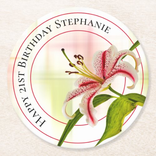 Happy Birthday Stargazer Lily Floral Photography Round Paper Coaster