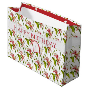 Happy Birthday Stargazer Lily Flower Pattern Large Gift Bag