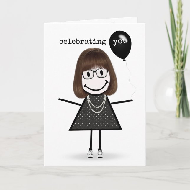 Happy Birthday Stick Figure Girl with Balloon  Card (Front)