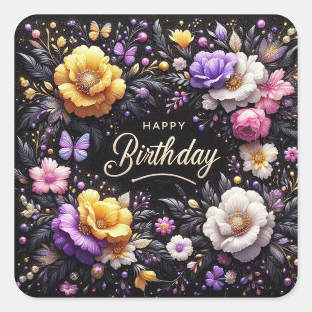 Happy Birthday Sticker: Elegant Black Square Sticker | Zazzle