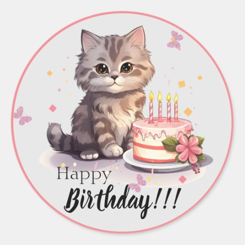 Happy birthday Sticker with cute kitten and cake 