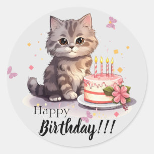 Happy birthday Sticker with cute kitten and cake