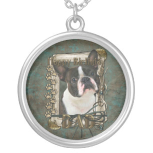 Happy Birthday - Stone Paws - Boston Terrier - Dad Silver Plated Necklace